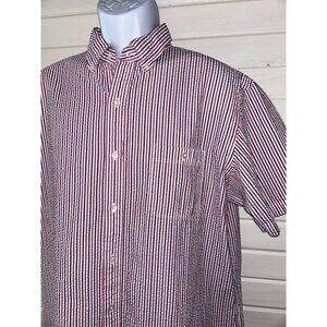 Lands End Sz LARGE Seersucker Traditional Fit Cotton Shirt Red Blue Stripe EUC